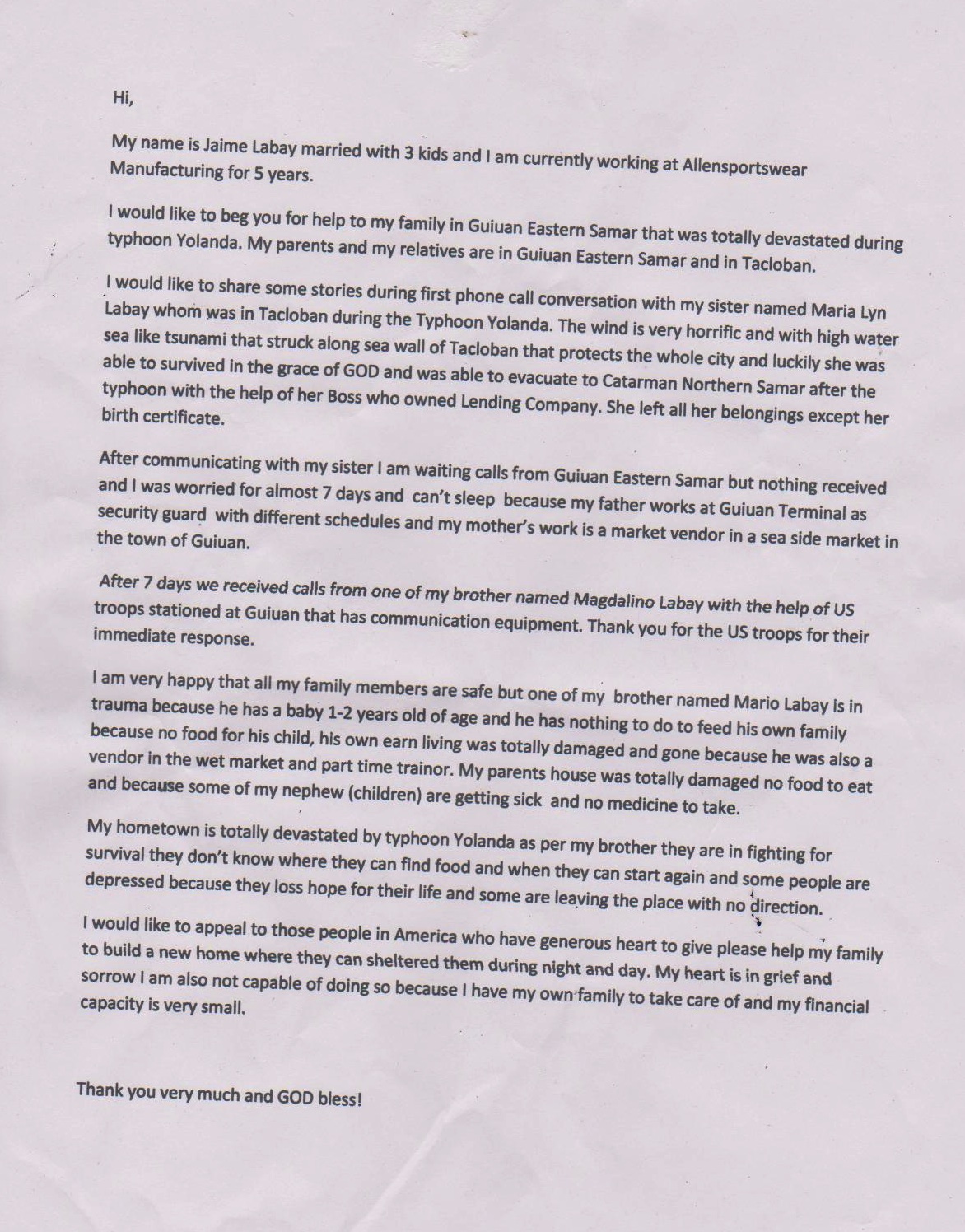 Scan of Jaime L's letter asking for help for his family in Guiuan after Typhoon Haiyan