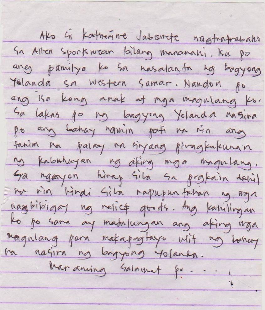 Scan of a handwritten thank-you letter in Tagalog from a family helped after Typhoon Haiyan
