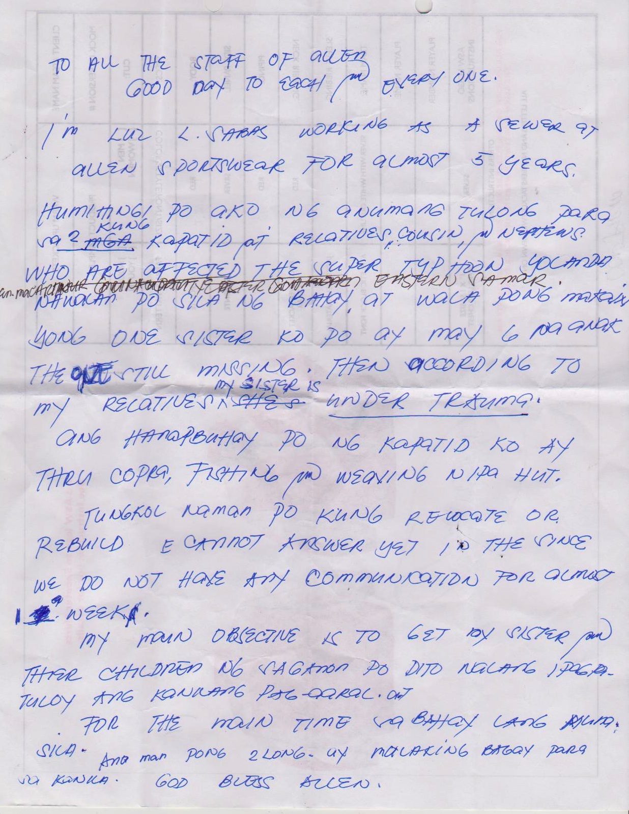 Scan of a handwritten letter in English from a family helped after Typhoon Haiyan